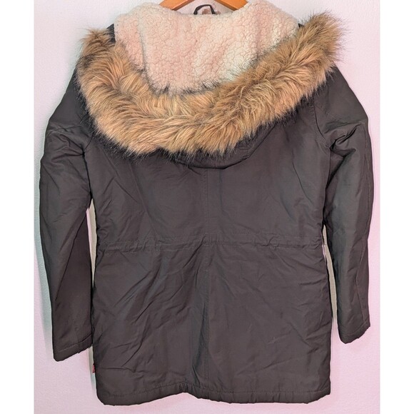 Levis Jacket Green Sherpa Lined Parka Jacket Faux Fur Trim Hooded Size XS (A28) - Picture 3 of 5